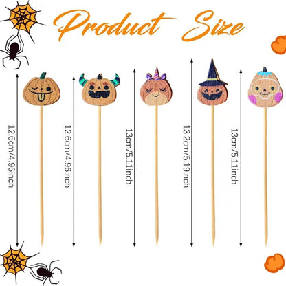 Halloween Pumpkin Cocktail Picks 5 Inch Bamboo Fancy Toothpicks For Appetizers, Decorative Fall Halloween Thanksgiving Party Food Drinks Garnish Fruit Skewer Sticks Multi-item Party Favor Pack