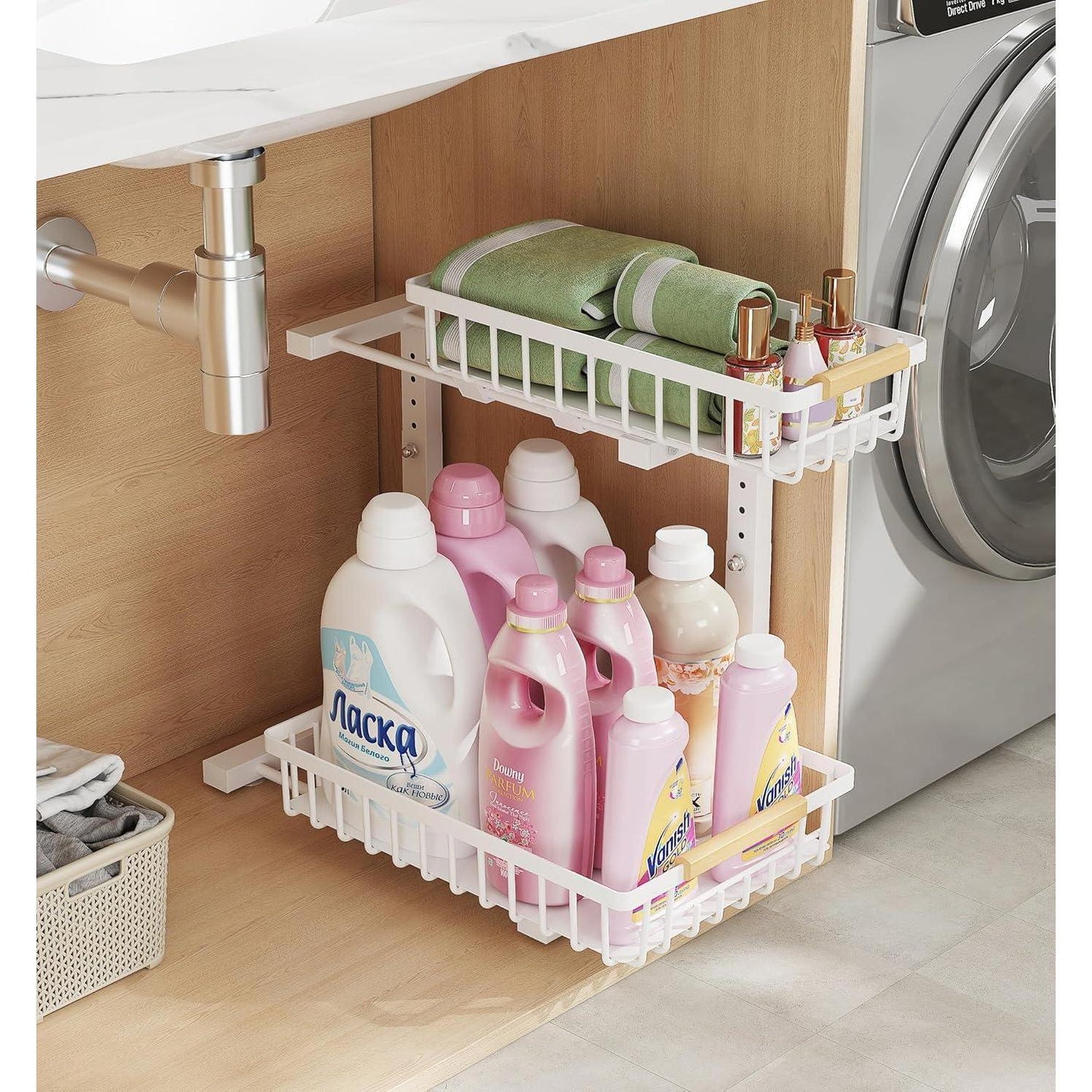 US Local Metal Adjustable Height Two-Tier Drawer Kitchen Bathroom Under Sink Storage Rack