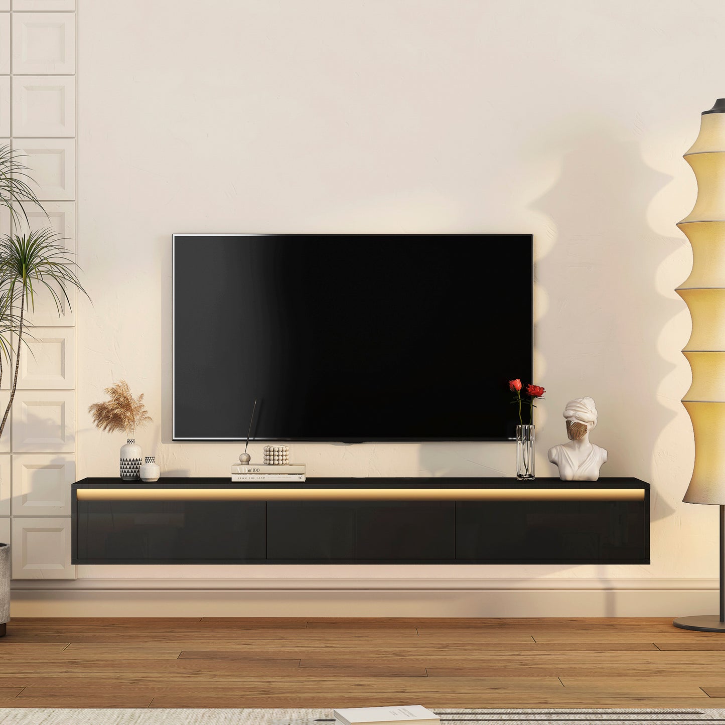 US Local Floating TV Stand, Wall Mounted TV Shelf With Led Lights & Power Outlet,High Gloss TV Cabinet For Black Tv Stands For Living Room