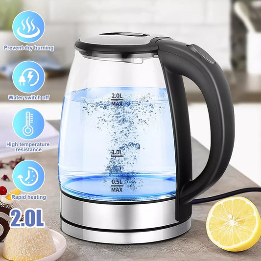 UK Local 2L Electric Kettle Glass 360 Blue LED Illuminated Portable Jug Protection 1800W