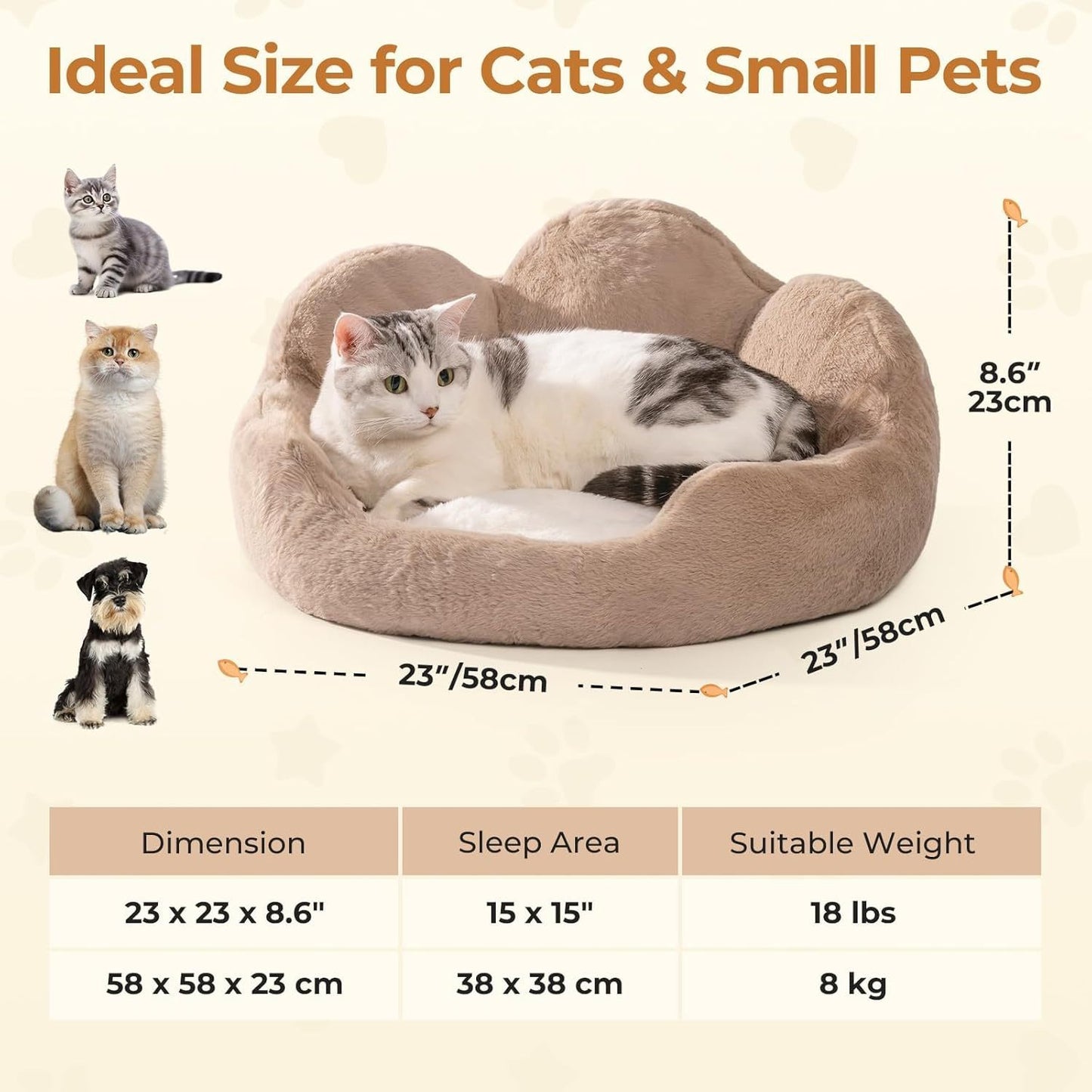 MEWOOFUN Round Cat Bed For Indoor Cats - Cozy Washable Fluffy Pet Couch With Anti-Slip Bottom, Small Dog & Puppy Bed For Kittens 23, Khaki