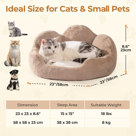 MEWOOFUN Round Cat Bed For Indoor Cats - Cozy Washable Fluffy Pet Couch With Anti-Slip Bottom, Small Dog & Puppy Bed For Kittens 23, Khaki