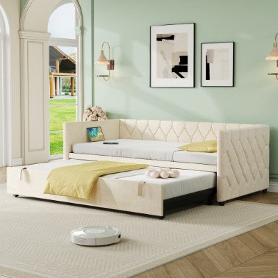 UK Local Upholstered Daybed, Sofa Bed With Charging Station, 3ft Single Button-tufted Bed With USB And Type - C Ports, Pull Out Trundle Bed For Living Room Bedroom Study Room, Linen, Grey No Mattress