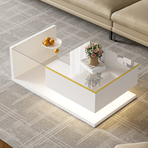 UK Local 90 Cm Long Coffee Table, High-Gloss White. Side Tables, Coffee Tables With Glass And LED Effect