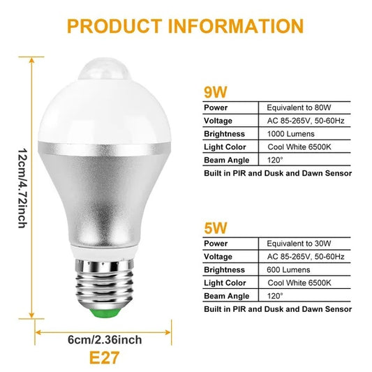 US Local E27 Motion Sensor Light Bulb 9W 5W 6500K Dusk To Dawn