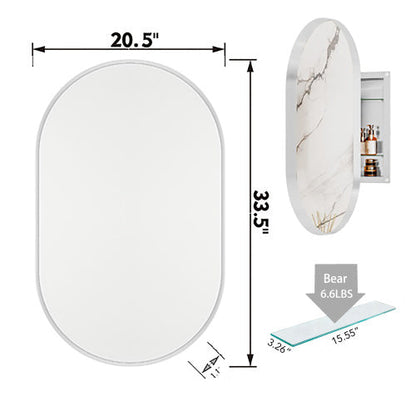 US Local 20x34 Inch Oval Recessed Metal Frame Bathroom Wall Cabinet With Mirror And Adjustable Shelves
