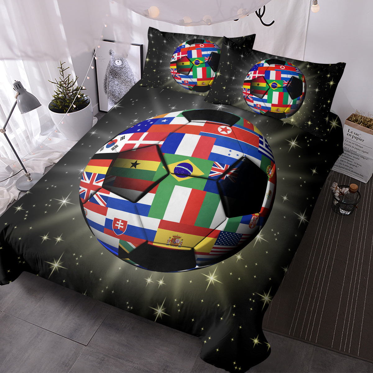 US & UK Local 3D Soccer Ball Bedding Set Football World Flags Print Duvet Cover Sets For Teen Boys Sports Bedding Sets Universe Stars Black Bed Quilt Cover