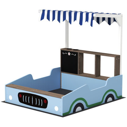 US Local Kids Wooden Sandbox With Canopy With Bench Seats, Bottom Liner, Drawing Board, Planting Boxes For Backyard, Garden, Blue