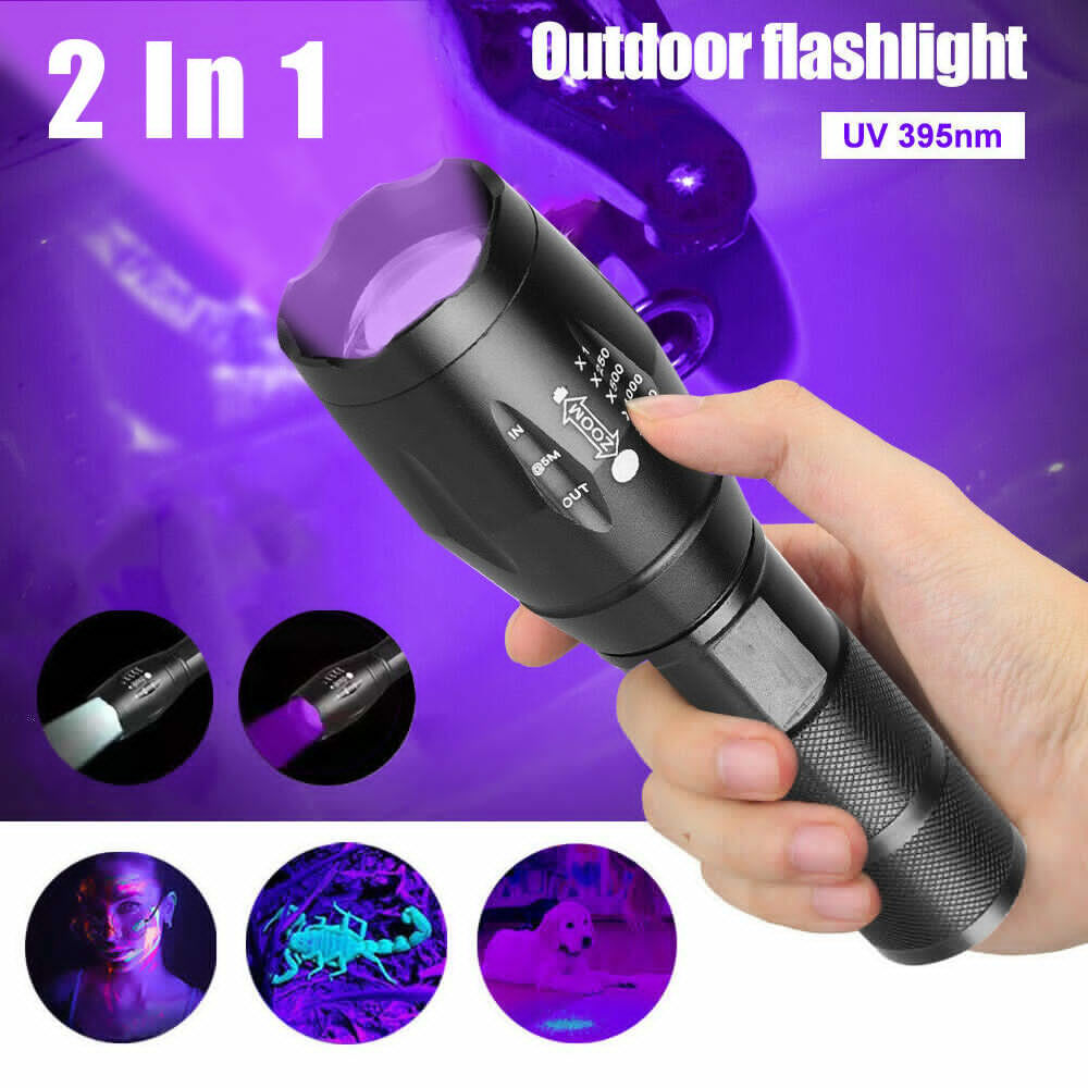 US Local UV Torch Ultra Violet Flashlight Zoomable Blacklight Lamp LED Super Bright 250000lm 2 In 1 395nm Mini Pocket Inspection Light