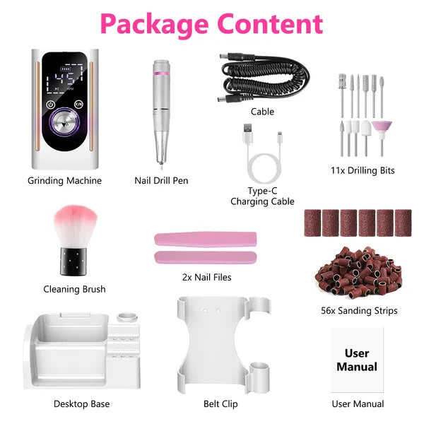 US Local Portable Electric Nail Drill Bit 45000 RPM With 11 Bits Base Waist Clip Cordless Rechargeable Nail File Machine For Professional Salon Home Acrylic Nails Remove Nail Gel Polish Manicure