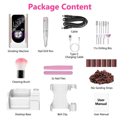 US Local Portable Electric Nail Drill Bit 45000 RPM With 11 Bits Base Waist Clip Cordless Rechargeable Nail File Machine For Professional Salon Home Acrylic Nails Remove Nail Gel Polish Manicure