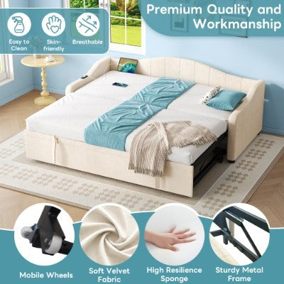 UK Local Upholstered Bed 90x190cm, Daybed, Sofa Bed With Charging Station, 3ft Single Velvet Bed With USB And Type - C Ports, Pull Out Trundle Bed For Living Room Bedroom Study Room, Beige No Mattress