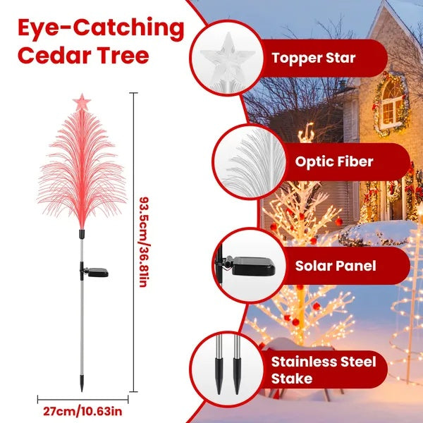 4Pack 7 Color Changing Solar Christmas Tree Lights Outdoor Optical Fiber Stake Lights Cedar Tree Lights With Topper Star IP44 Waterproof For Garden Yard Pathway Lawn