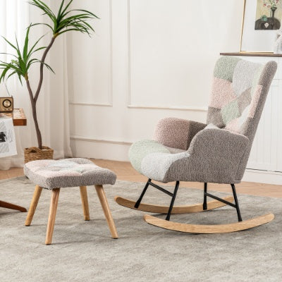 UK Local Rocking Chair, Fabric Relaxing Chair Wingback Accent Chair With Solid Wood Legs, Accent Armchair With Ottoman Single Sofa, Chair With Footstool And Pillow For Home Living Room Bedroom, Multicolour