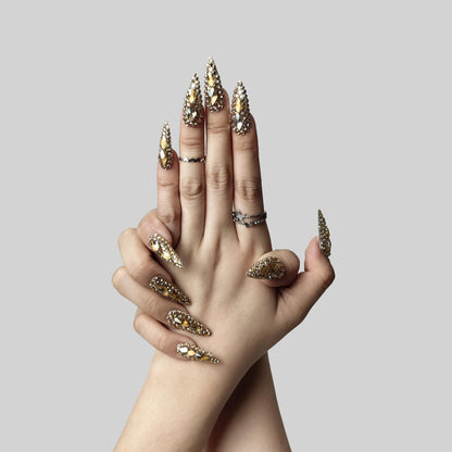 US Local GGddsha Full Diamond Medium Almond Press On NailsReusable PMMA Acrylic Handmade Nails Full Deluxe 3DCrystal Fake Nails W Box Gift For Women,Crown Jewel