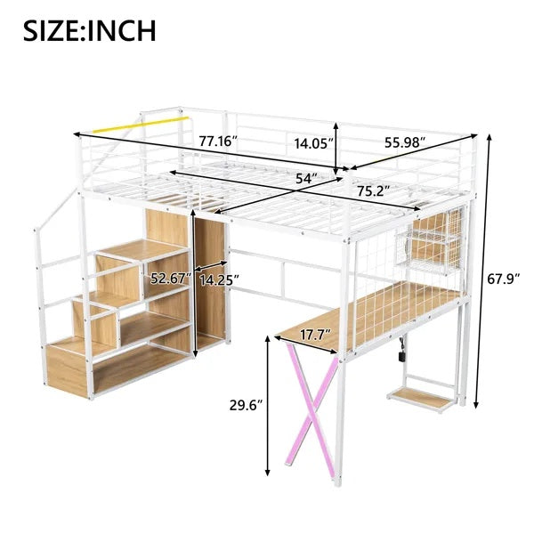 US Local Full Size Metal Loft Bed With Built-in Work Station, Wardrobe, Storage Staircase And LED, White