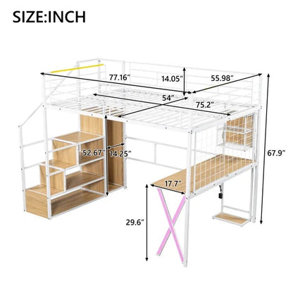 US Local Full Size Metal Loft Bed With Built-in Work Station, Wardrobe, Storage Staircase And LED, White