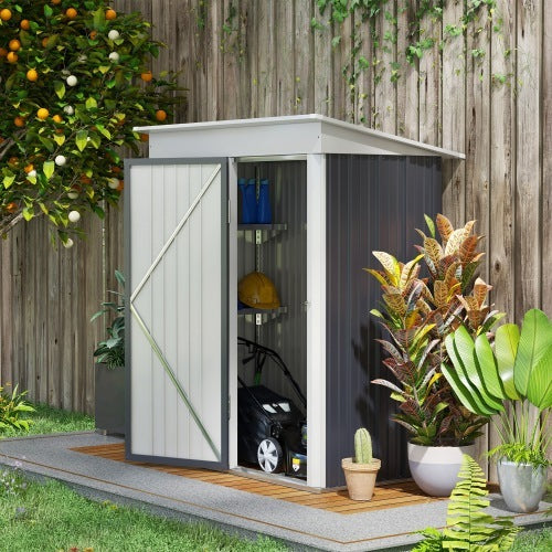 UK Local Outsunny Metal Garden Shed, Outdoor Lean-to Shed For Tool Motor Bike, With Adjustable Shelf, Lock, Gloves, 5x3x6  Dark Grey