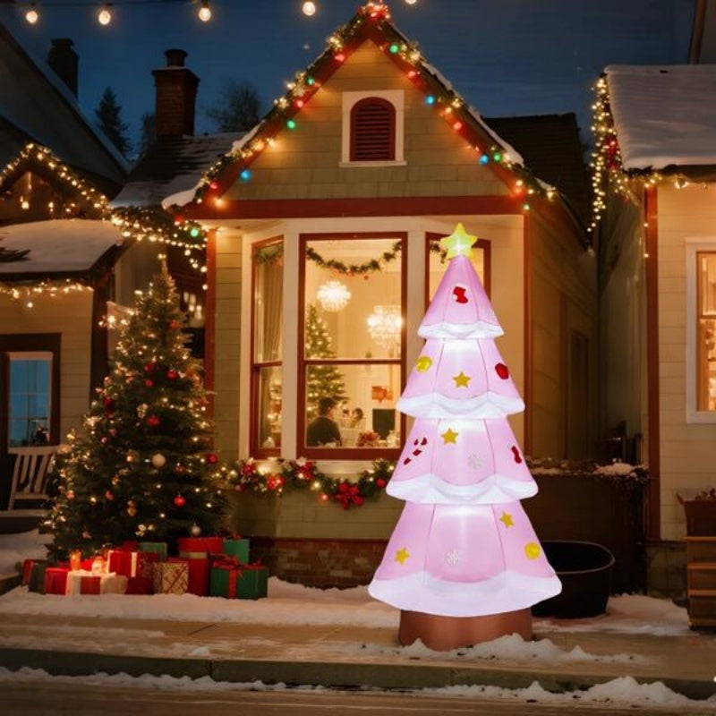 US Local 7.2FT Lighted Christmas Inflatable Decoration, Inflatable PinkChristmas Tree, Funny Blow Up Yard Decorations With Built-in LED Lights For Holiday Party Front Yard Lawn Garden Decor