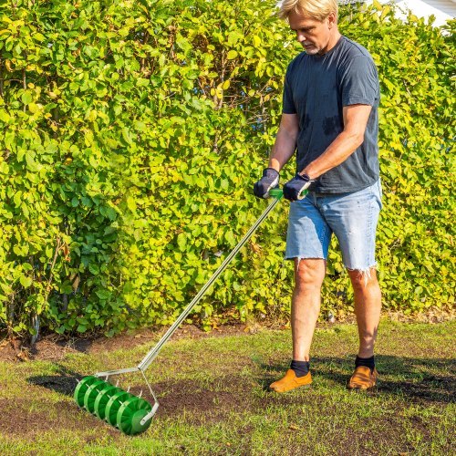 UK Local Outsunny Rolling Lawn Aerator, Manual Grass Spike Roller, Heavy Duty Garden Aerator With 3 Piece Detachable Handle And T-bar Grip, Outdoor Garden Lawn Tool, Dark Green