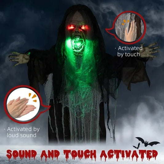 6' Life Size Decoration Animatronic Green Big-mouth Monster Outdoor Halloween, Sound And Motion Activated