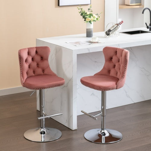 US Local Swivel Velvet Barstools Adjusatble Seat Height From 25-33 Inch Pink,Set Of 2