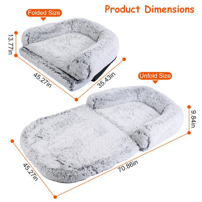 1Pc Large Foldable Human Size Dog Bed With Pillow Blanket Flurry Plush Napping Human-Sized Dog Bed Machine Washable Zipped Removable Cover For Pets Kids Adults Grey 71x45x10in