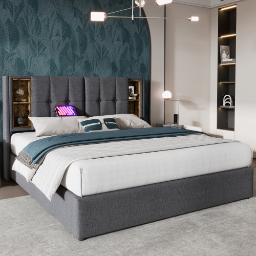 UK Local Upholstered Double Bed 150 X 200cm With Wireless Charging USB Tyep-C, Hydraulic Storage Bed With Hydraulic Lever, Linen Fabric 5FT King Size Bed Frame With Large Storage Space,Grey No Mattress