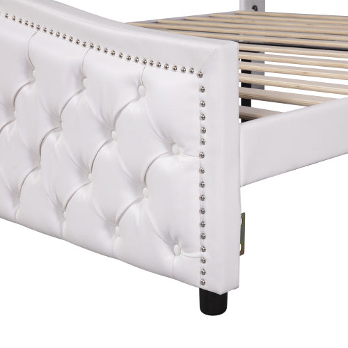 UK Local Upholstered Bed 135 X 190cm - Bed With Slatted Frame, 2 Drawers And Headboard With Pull Point Rivets - Wood & Faux Leather - White - Youth Bed Guest Bed