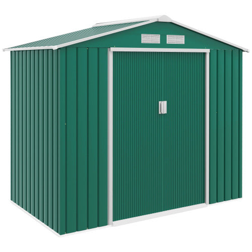 UK Local Outsunny 7 X 4ft Metal Garden Shed, Outdoor Storage Tool House With Ventilation Slots, Foundation Kit And Lockable Double Doors, Green