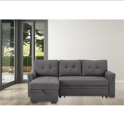 US Local Dark Gray Linen Reversible Sleeper Sectional Sofa With Storage Chaise