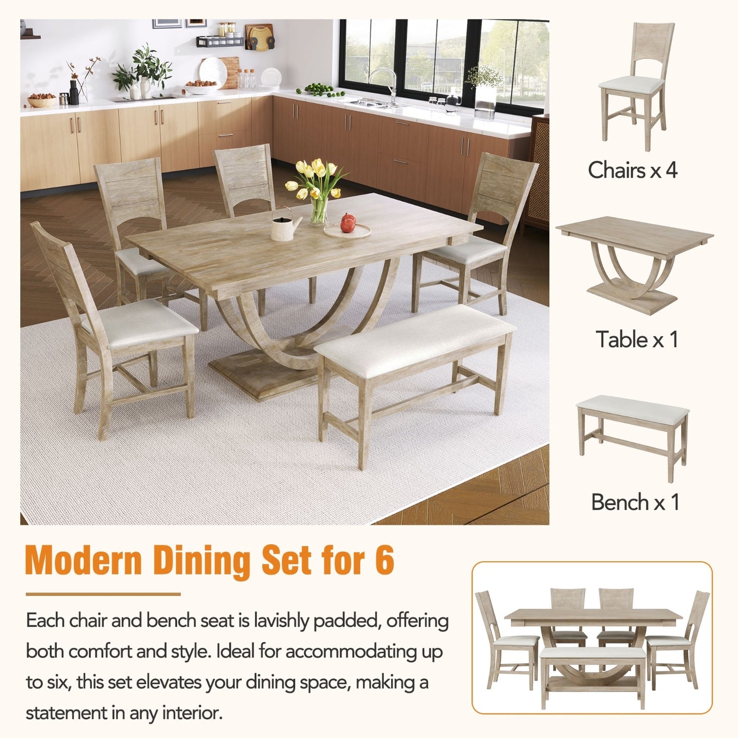 US Local TOPMAX 6-Piece Wood Half Round Dining Table Set With Long Bench & 4 Chairs