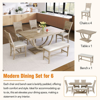 US Local TOPMAX 6-Piece Wood Half Round Dining Table Set With Long Bench & 4 Chairs