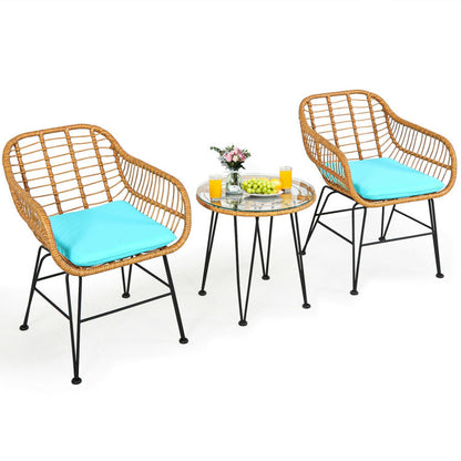 US Local 3 Pieces Rattan Furniture Set With Cushioned Chair Table