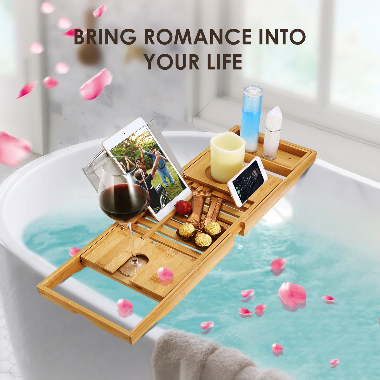 US Local 1Pc Bathtub Caddy Tray Crafted Bamboo Bath Tray Table Extendable Reading Rack Tablet Phone Holder Wine Glass Holder Shelf Desk Bathroom Spa