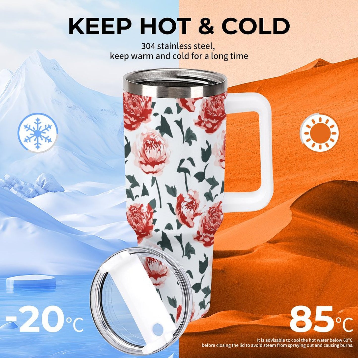 PHDT00421 POD US Local Tumbler 40 oz Large Capacity Car Cup Peony, Red, Flower