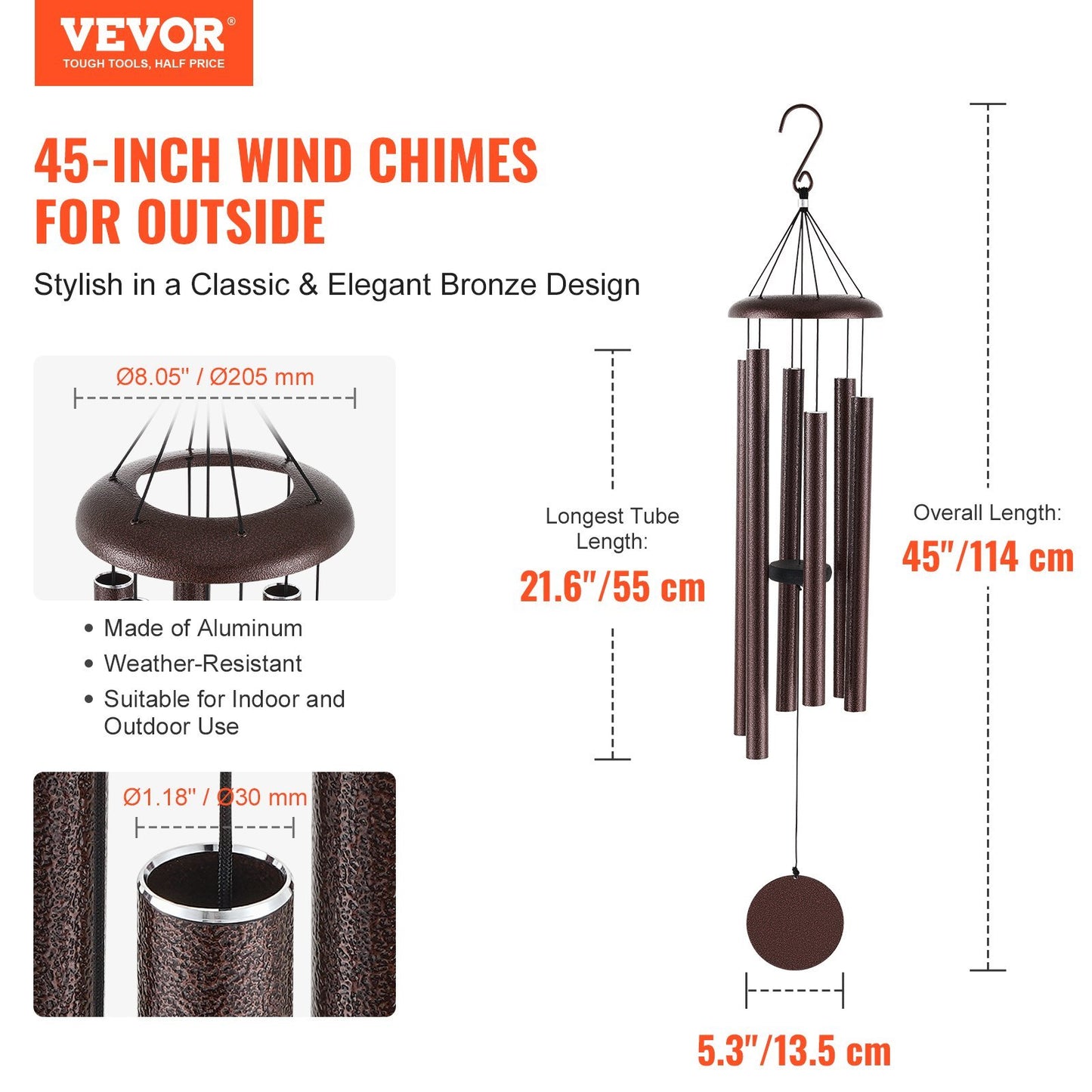US Local VEVOR Wind Chimes For Outside 45-Inch Aluminum Memorial Deep Tone Wind Chimes