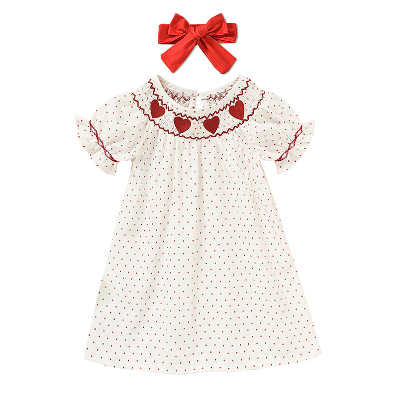 US Local Baby Girl's Valentine's Day Dress Short Sleeve Red Heart Embroidery Dress With Headband Smocked Princess Party Dress