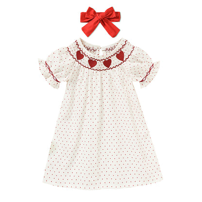 US Local Baby Girl's Valentine's Day Dress Short Sleeve Red Heart Embroidery Dress With Headband Smocked Princess Party Dress