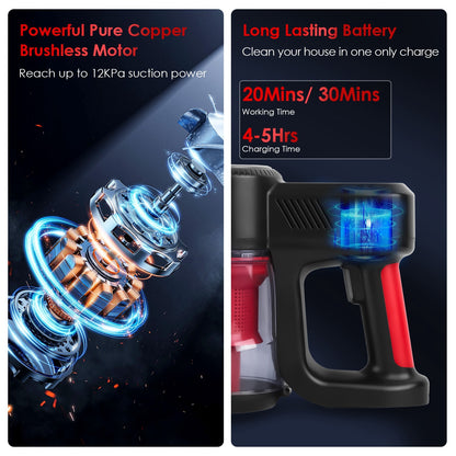 US Local Cordless Vacuum Cleaner Lightweight Handheld Vacuum Upright Stick Floor Vacuum Battery Powered Mop With Lighting 2 Speeds 12000PA Suction 4 Tools Mount Bracket 180 Degree Foldable