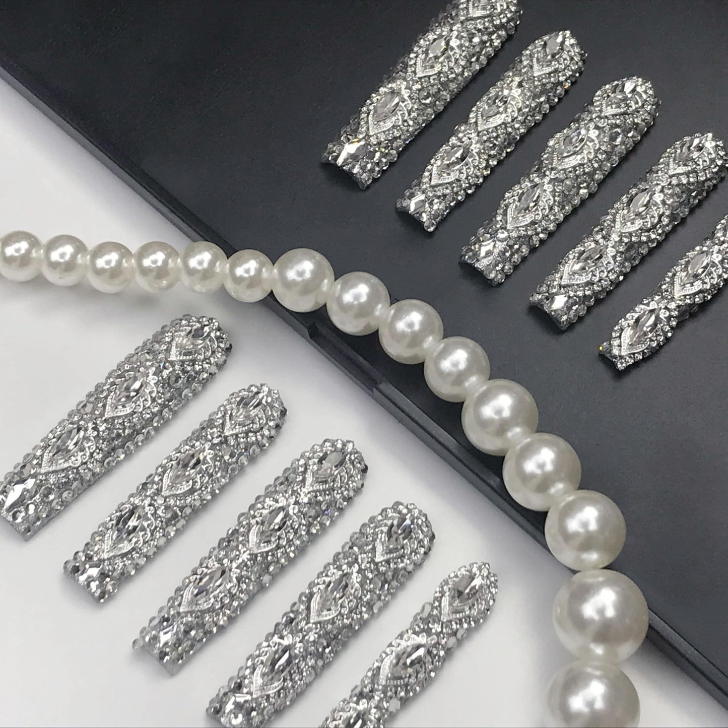 US Local GGddsha Queen Of Haute Style Full Diamond Long NailsPMMA Acrylic Handmade Full Deluxe 3D Crystal Fake Nailsw Box, Gift For Women,Luxe Divinity