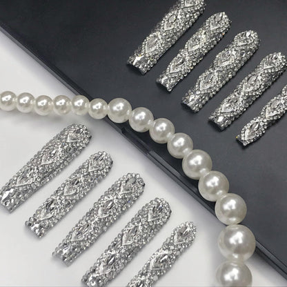 US Local GGddsha Queen Of Haute Style Full Diamond Long NailsPMMA Acrylic Handmade Full Deluxe 3D Crystal Fake Nailsw Box, Gift For Women,Luxe Divinity