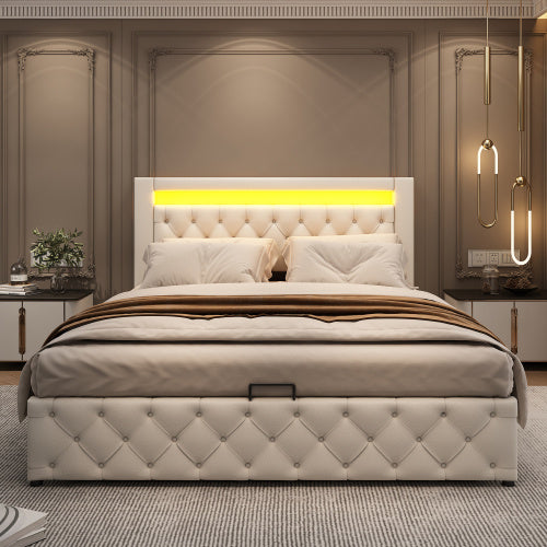 UK Local Upholstered Bed 150 X 200 Cm Functional Bed With Slatted Frame And Storage Space, LED Lighting In Different Colors, White, PU