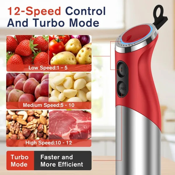 US Local 5 In 1 Immersion Blender Handheld 12 Speed Mode Hand Blender, Stainless Steel Blade With Mixing Beaker,