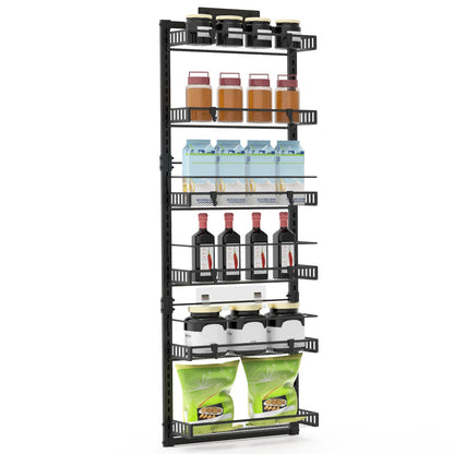 US Local Black-White Options -- 1Pc Over The Door Pantry Organizer 6-Tier Pantry Door Organizer Carbon Steel 110LBS Loading Easy Install Behind Door Storage For Closet Kitchen Bathroom 50.19H 17.12W 5.51in D