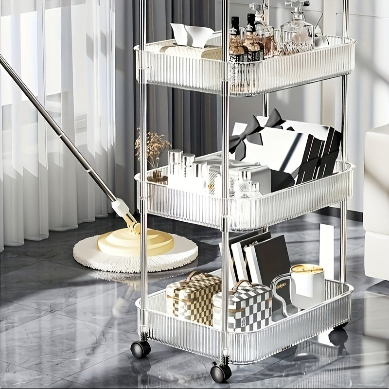 US Local Modern Storage Three-Tier Acrylic Cosmetic Cart With Wheels - Transparent Bathroom And Living Room Storage, Portable Cosmetic Storage Box