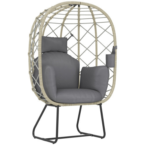 UK Local Outsunny Rattan Egg Chair Outdoor Indoor Wicker Chair With Thickened Cushion And Headrest, Standing Garden Egg Chair With Cup Holder, Metal Frame For Patio, Balcony, Grey