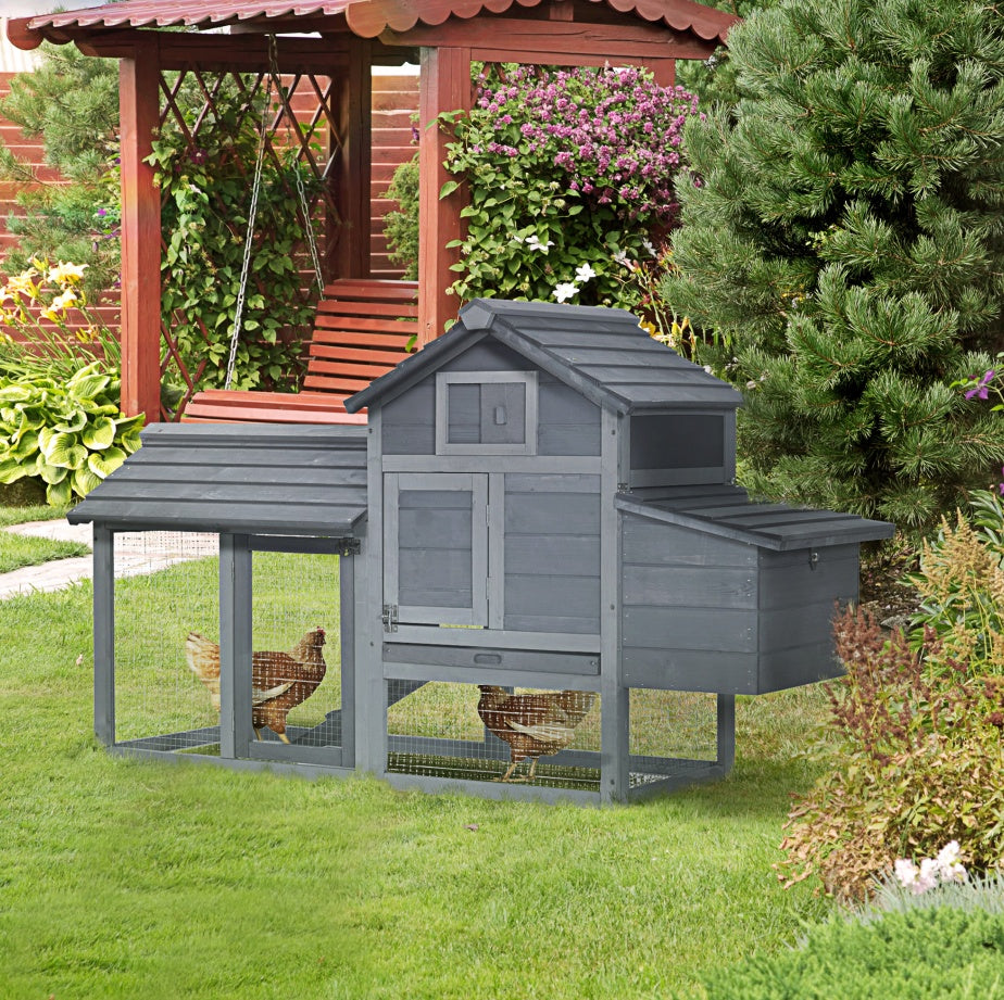 US Local Chicken Coop Kit 59 Outdoor Solid Wood Enclosed House Ventilation Gray