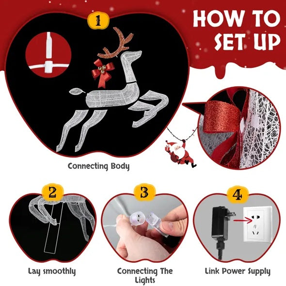 US Local 3-Piece Lighted Set Of 2 Reindeer & Sleigh, Weather Proof Christmas Outdoor Decorations With Pre-lit 270 LED White Lights And Stakes For Xmas Outdoor Holiday Indoor Decor Lighted Holiday Displays, Whi