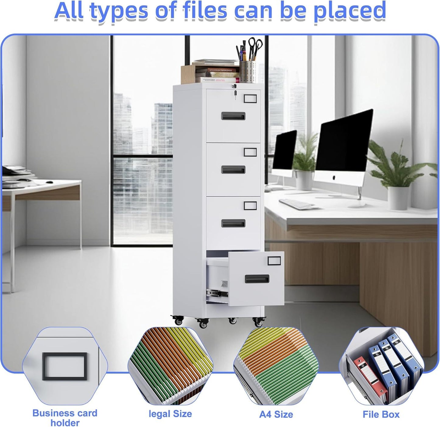 US Local METAN 4 Drawer Vertical File Cabinet On Wheels, Lockable Office Files Storage Cabinet With Handle And Name Card,Mobile Storage Cabinet For Office And Home,Assembly Required,White